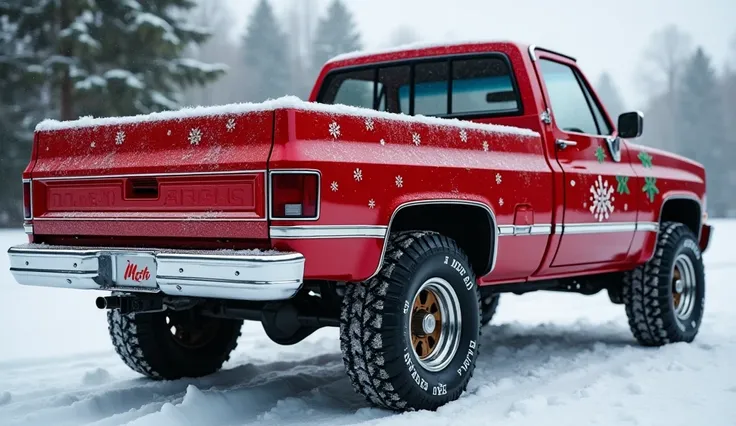 1983 Chevrolet Silverado painted red with Christmas flakes and Christmas details back view with full back 