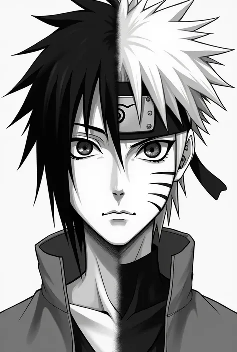 generates an image,  that is half the face Itachi Uchiha and the other half Naruto Uzumaki, in black and white easy to draw 