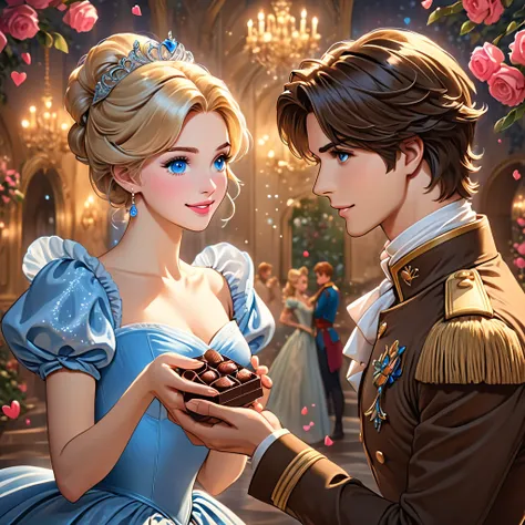 Quality: ((best quality illustration)), (masterpiece), ((detailed)).  
Category: Grimm's fairy tale, fantasy, romance.  
Style: comic art, fun, fantastic, fantasy, epic, powerful.  
Summary: Cinderella and the Prince in a romantic Valentine's Day moment. C...