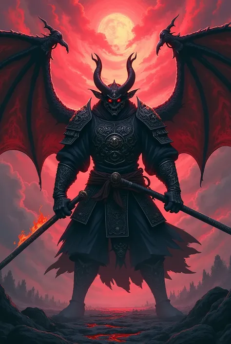 Demon with samurai armor and dragon wings with oni-like anime-style helmet with a black fire katana in his hand