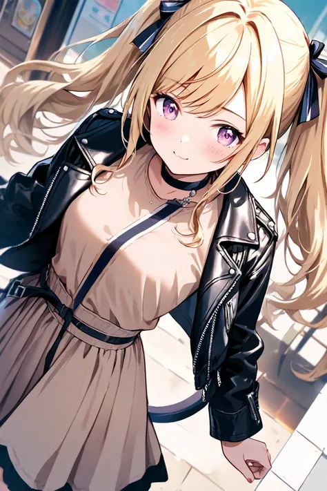  woman, high angle,chest, twin tail ,Blonde,pretty, cute,leather jacket