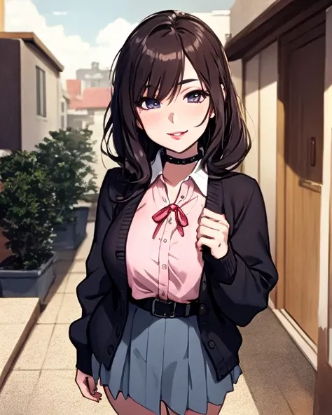 Anime Girl (Ethnicity:1.1), (Age:1.1), (Detailed Outfit:1.2), (Accessories:1.1), (Facial Features:1.3), (Expression:1.2), (Body Type:1.1), (Pose:1.2) wearing a cropped shirt, (Detailed Hair:1.2) Light brown hair, smiling, fair skin, (Detailed Skin Texture:...