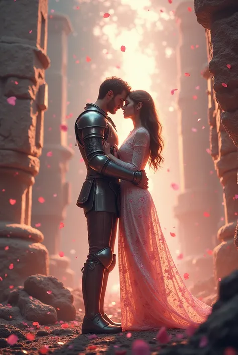 (Masterpiece, best quality, ultra-detailed, cinematic lighting, breathtaking composition, stunning colors, soft glow, fantasy realism, sci-fi elements, romantic embrace, timeless love, ethereal atmosphere, emotional depth, warm tones, soft pink and golden ...