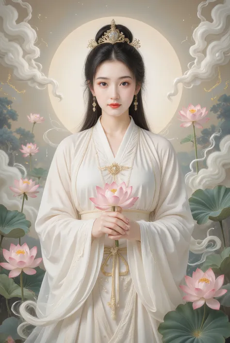 Front view,Guanyin Bodhisattva wearing white Hanfu,Wearing a white scarf on her head,She has black hair ,holding pink lotus flower。She stands on a lotus,There are lotuses at her feet and clouds behind her,Detail hands,She looked kind and beautiful,elegant...