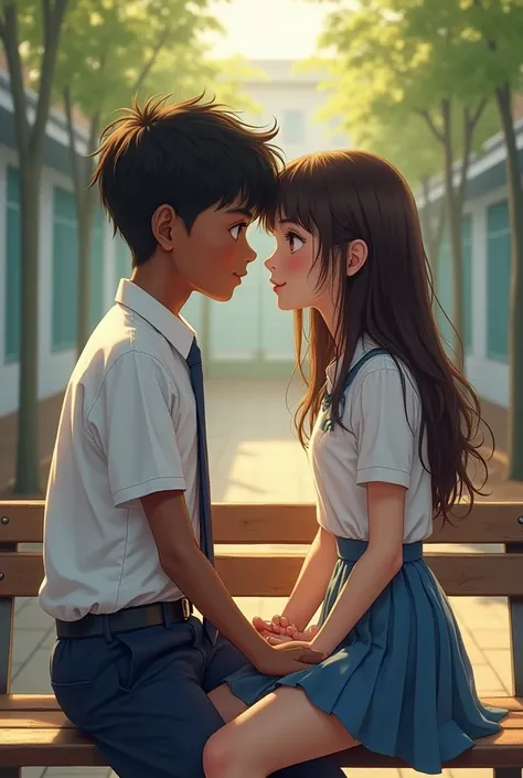 A handsome black boy,regarde avec des yeux doué une fille belle brune ,At the school he is enormously in love with ,assis sur le band de l’école en uniforme chemise blanche , blue skirt .