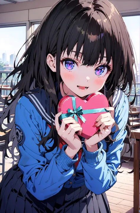 Takiuchikami,  check it out, Alone, long hair, bangs,   black hair,   purple eyes ,smile,blush, open your mouth, black sailor suit that grabs the thigh,Glasses,blue cardigan, Long Sleeve, black mini pleated skirt ,A heart-shaped box, is standing,noon, whol...