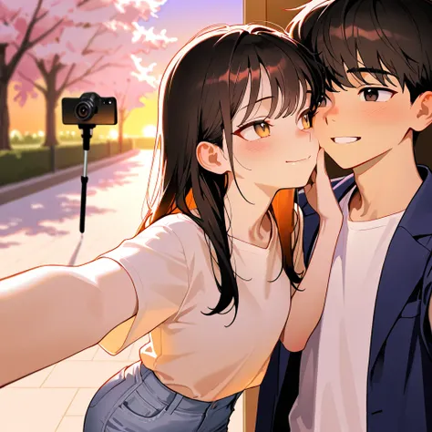 masterpiece, best quality, amazing quality, very aesthetic, young korean couple, selfie, park background, evening, sunset lighting, {close-up of faces}, slim attractive girl early 20s, handsome korean boyfriend, both smiling, eye contact with camera, shoul...