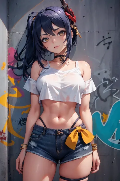 Kujou Sara Genshin Effect, masterpiece, bestquality, 1girls, mediuml breasts, long-haired ,Ponytail, bara, crop top, shorts jeans, choker, (Graffiti:1.5), Splash with purple lightning pattern., arm behind back, against wall, Look at the audience from behin...