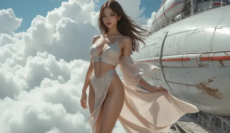  super quality、 ultra high resolution、 super high heels、 High Contrast、large airship 、Fly over the sky、Airship advancing through a sea of clouds 、 panoramic view 、(Reality、 by Nomi : 1.3)、large airship のデッキにる女性、 beautiful woman with perfect figure: 1.4、 hi...