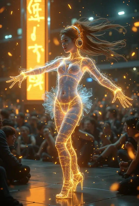 ( Brilliant Work :1.2, top quality  ,Mirror finish,   movie experience   ,  Best Illustrations  :2.0,Very detailed.2.0),16k,  wallpaper ,( Translucent Virtual Idol Female  :2.0),(  She was projected as a hologram in concert venue :2.0),(dance:2.0),( singin...