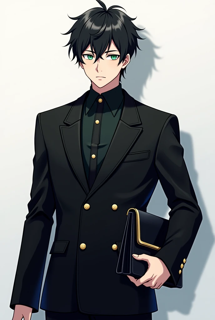 anime boy with green eyes and black jacket holding a black purse, a character portrait inspired by Okumura Masanobu, trending on pixiv, shin hanga, anime handsome man, tall anime guy with blue eyes, young anime man, handsome anime pose, anime portrait of a...