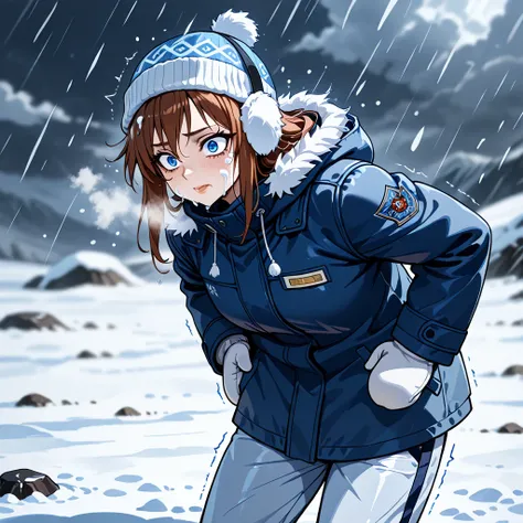  ultra-detailed , (retrato), hyperdetailed, absurdities, 8K,  highest quality,  super high quality , trembling,   dark blue winter coat ,  cowboy shot,  expression of panic ,  leaning forward gasping ,  blue winter hat over earmuffs ,  light blue snow pant...