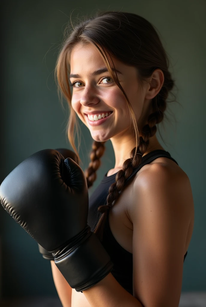 Photo realistic, real, Italian european Girl 16y with two braids, happy sporty, clear skin, thick lips, hypergreen eyes, brown hair, ((huge breasts)), black sleeveless sport shirt, guantes de boxing negros, boxing, hands in air winning, Profile picture