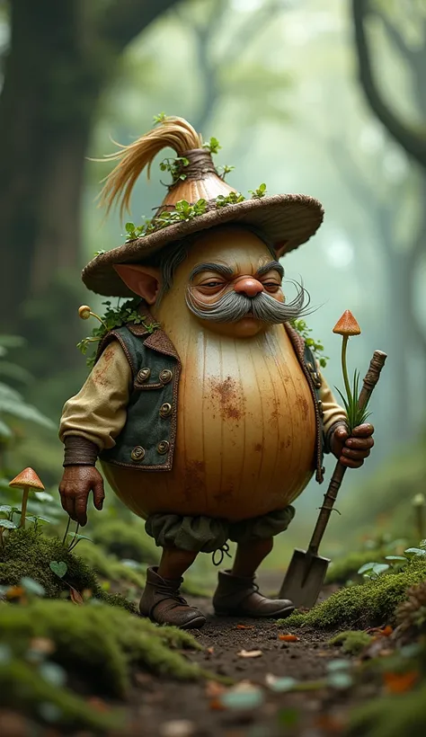 A sentient Onion creature standing in a mystical forest, blending fantasy and realism. Its body is round and textured like a real Onion, covered in dirt spots and natural imperfections. The creature has a wise and slightly grumpy expression, with a bushy m...