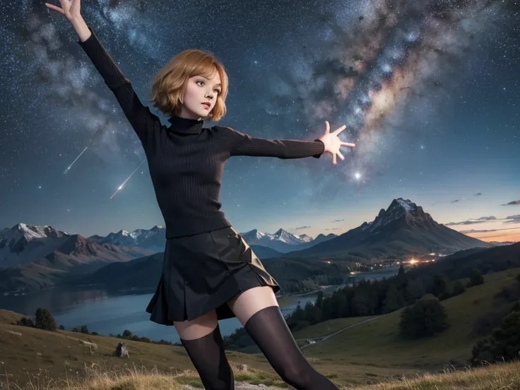 Astrid,  short hair, Orange hair,  slim body,  small bust,  black clothes, Outstretched hand,  pretty legs,  black tights ,  mountainous landscape ,  Starry Sky Sweater, milky way,