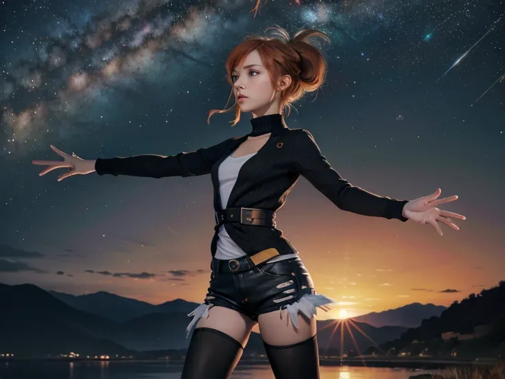 Astrid,  short hair, Orange hair,  slim body,  small bust,  black clothes, Outstretched hand,  pretty legs,  black tights ,  mountainous landscape,  Starry Sky Sweater, milky way,