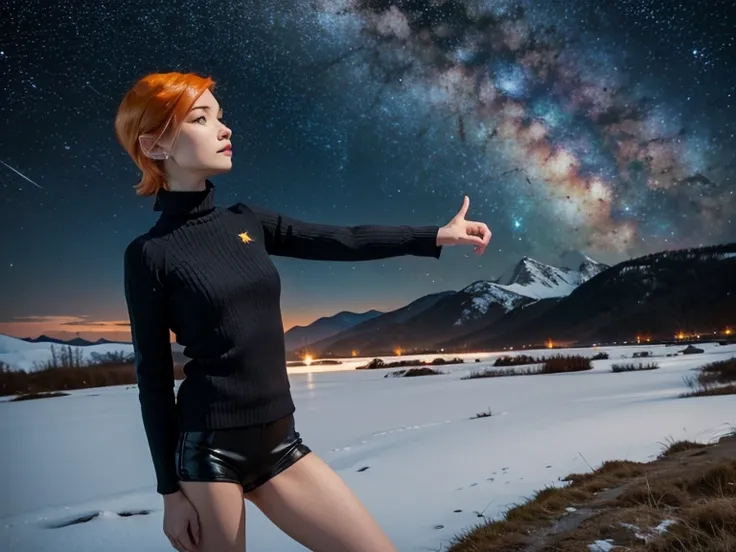 Astrid,  short hair, Orange hair,  slim body,  small bust,  black clothes, Outstretched hand,  pretty legs,  black tights ,  mountainous landscape ,  Starry Sky Sweater, milky way,