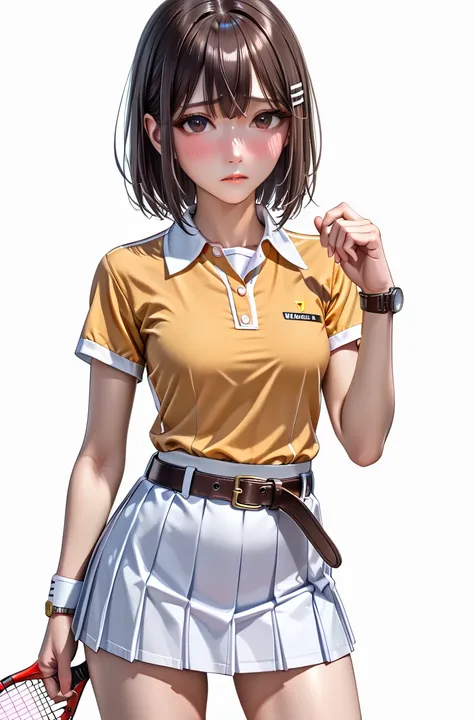 NSFW,(It's 1 ),(Emeralds:1.0),( slender body),( sad),real skin ,small breasts,  Gold, Super Detailed Black Eyes, lean in,(brown leather military uniform belt:1.3),(Watch on wrist:1.5),(white short sleeve tennis shirt :1.5),( super mini tennis court:1.5),( ...