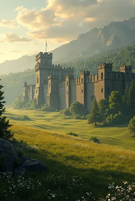 A royal wall and castle in the distance of a big field right outside the woods 