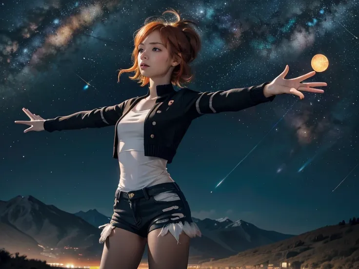 Astrid,  short hair, Orange hair,  slim body,  small bust,  black clothes, Outstretched hand,  pretty legs,  black tights ,  mountainous landscape ,  Starry Sky Sweater, milky way,