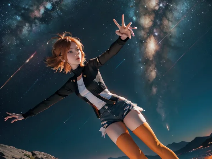 Astrid,  short hair, Orange hair,  slim body,  small bust,  black clothes, Outstretched hand,  pretty legs,  black tights ,  mountainous landscape,  Starry Sky Sweater, milky way,