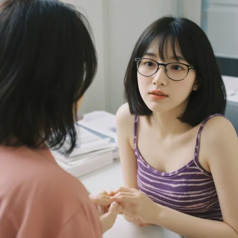  taken from the side,live-action, middle school girl wearing oval glasses, black hair semi-long hair, straight hair, purple horizontal striped tank top,Inside a real estate agent , rough skin, talking to a female clerk with wavy hair,White table with docum...