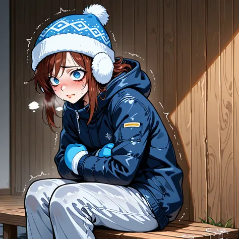  ultra-detailed , (retrato), hyperdetailed, absurdities, 8K,  highest quality,  super high quality , trembling,  dark blue winter coat ,  cowboy shot,  expression of panic ,  leaning forward gasping ,  blue winter hat over earmuffs ,  light blue snow pants...