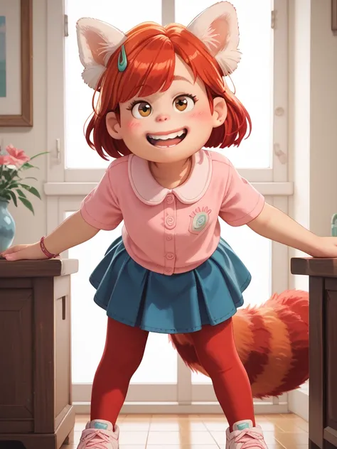 score_9, score_8_ upwards, score_7_ upwards, score_6_ upwards, score_5_ upwards, score_4_ upwards, Mei Lee , ( front view),  brown eyes,  red panda ears , Long red tail ,   fluffy tail, ,  short red hair ,  pink shirt, blue skirt,  red tights ,  white snea...