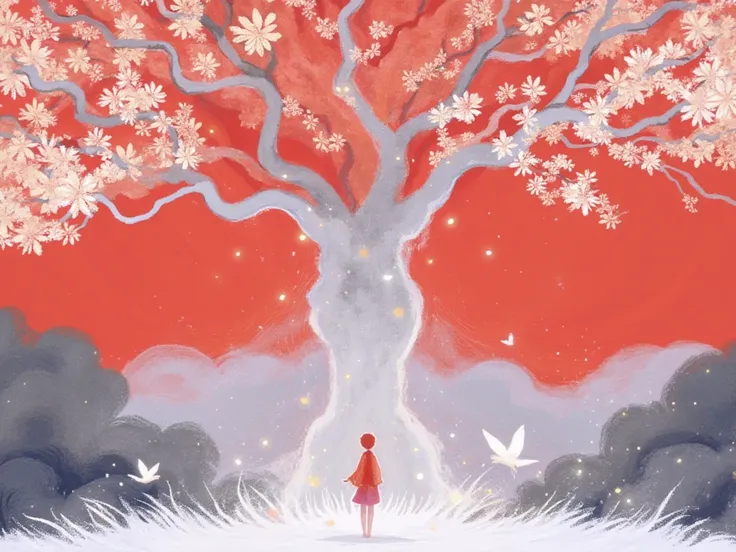 ZOZ_CH An eye-level painting of a person in a red dress is seen in front of a large tree with white flowers on its branches. The tree is surrounded by gray mountains, and the background is a vibrant red. The person is facing towards the right, and there is...