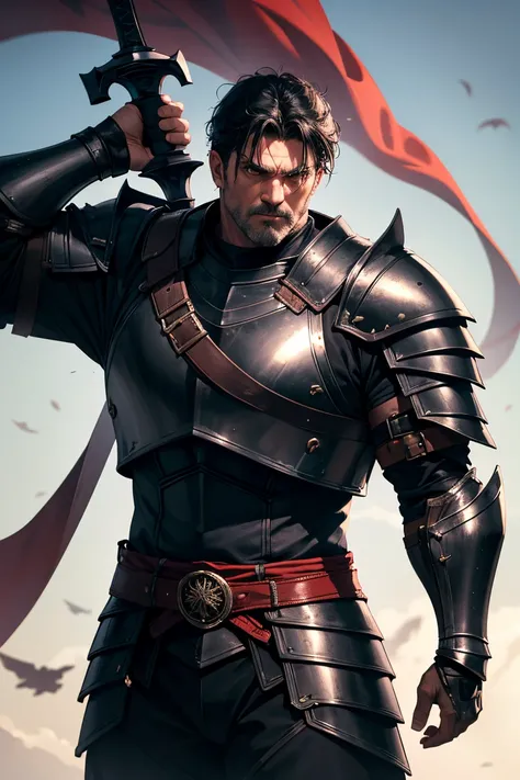  middle-aged men, warrior, Strong men, Sturdy shooting, Black Armor,  red eyes, black hair, giant sword