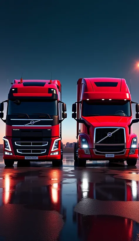 Prompt 3 – Side-by-Side Showdown:
"Create an ultra-realistic 8K image of a red Volvo truck and a red Scania truck displayed side-by-side in a dynamic American truck yard. Both vehicles are placed far in the background, illuminated with dramatic, modern lig...