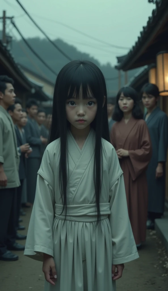 A young Japanese girl with long, straight black hair and deep, sorrowful eyes stands alone in the center of a rural village, wearing a simple white kimono. (The camera captures a wide-angle shot, showing her small figure surrounded by a group of villagers ...