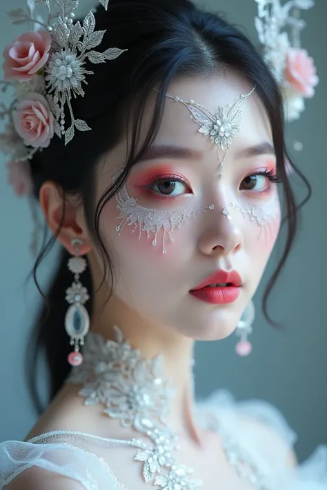  Create a fantasy face and neckline makeup based on kpop music with white and silver colors, You can add colors like pink and red 