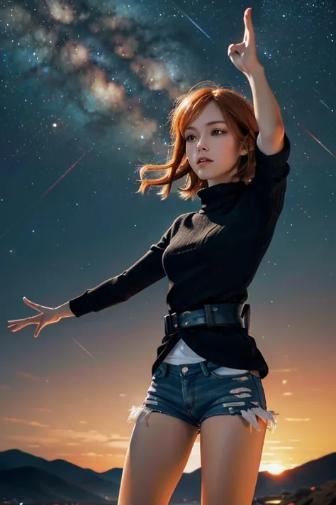 Astrid,  short hair, Orange hair,  slim body,  small bust,  black clothes, Outstretched hand,  pretty legs,  black tights ,  mountainous landscape ,  Starry Sky Sweater, milky way,