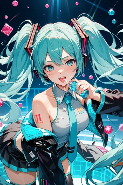 Hatsune Miku, in a vibrant, teal and black futuristic gymnastic outfit with flowing twin tails, performs a fluid and graceful routine. She executes a perfect split, her large, expressive eyes and captivating pose creating an aura of youthful, techno-sensua...