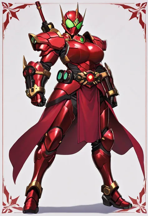  Masterpiece,  top quality,  Hi-Res,  1girl , Alone、Queen、赤い髪、  red dress armor  、Red Iron Breastplate、Big Breasts、 Wear a red iron mask on your face 、 iron gauntlet on the arm 、 Iron Boots、 full body、 violet and emerald green odd-eye、Heavy weapons in the ...