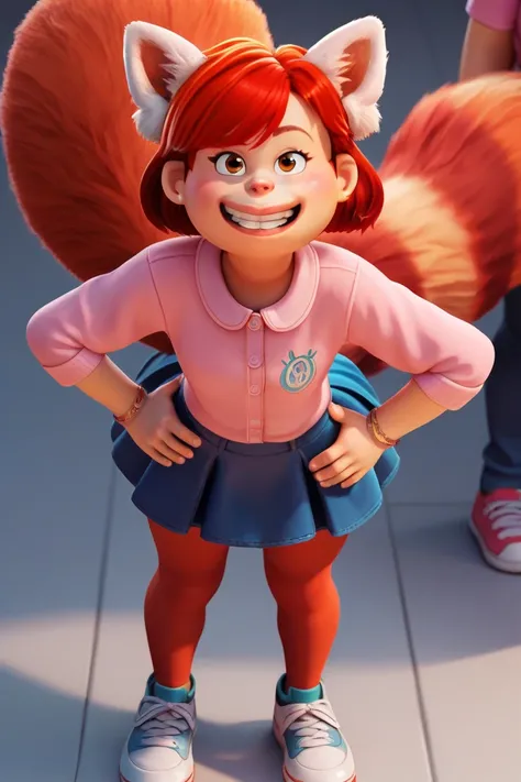  Mei Lee , ( front view),  brown eyes,  red panda ears , Long red tail ,   fluffy tail, ,  short red hair ,  pink shirt, blue skirt,  red tights ,  white sneakers,  standing,  hands on hips ,  smiling ,  is looking at the viewer,  seductive look, bent over...