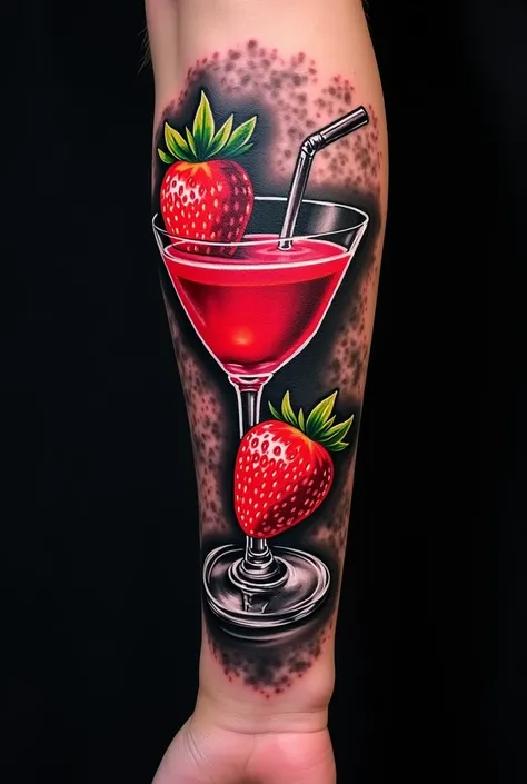 Tatouage noir et blanc cocktail,fraise en couleur 