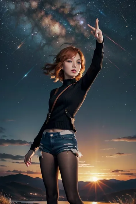 Astrid,  short hair, Orange hair,  slim body,  small bust,  black clothes, Outstretched hand,  pretty legs,  black tights ,  mountainous landscape,  Starry Sky Sweater, milky way,