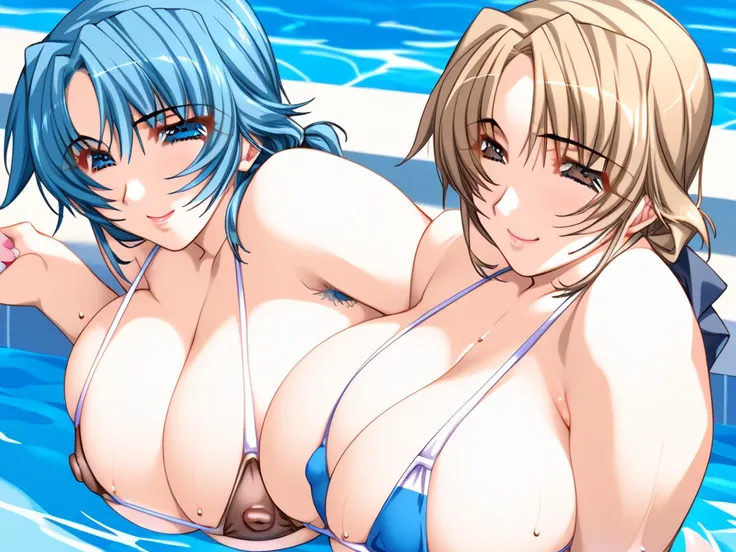 2 people,score_9, score_8_up , score_7_up ,masterpiece,source_anime BRAKE 妊婦, micro bikini seen from the front,Armpit hair,Enlarged Breasts BREAK (Satounami, blue hair, short hair,blue eyes)  AND  (kumagayaki, light brown hair, low ponytail, brown eyes), p...