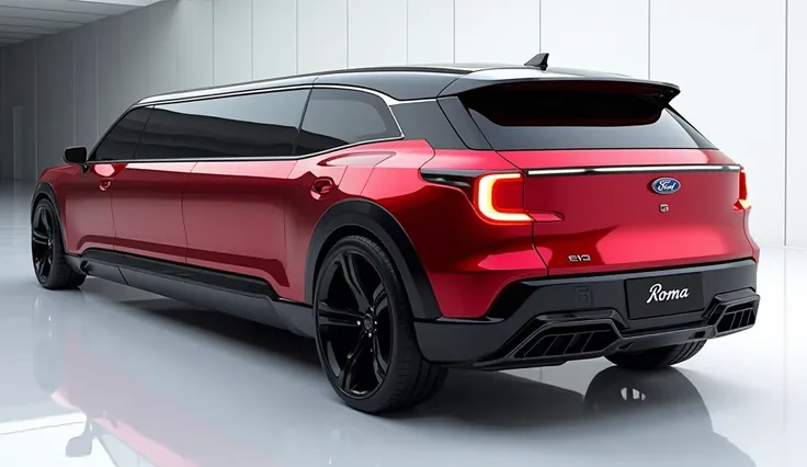 An ultra-detailed 3D render of a fully modified 2025 Ford Explorer EV with an extended, bold limousine-like design, captured from the straight back view. The car is painted in a 'Gleaming Metallic Red' color with black accents and features a 'Ford' logo in...