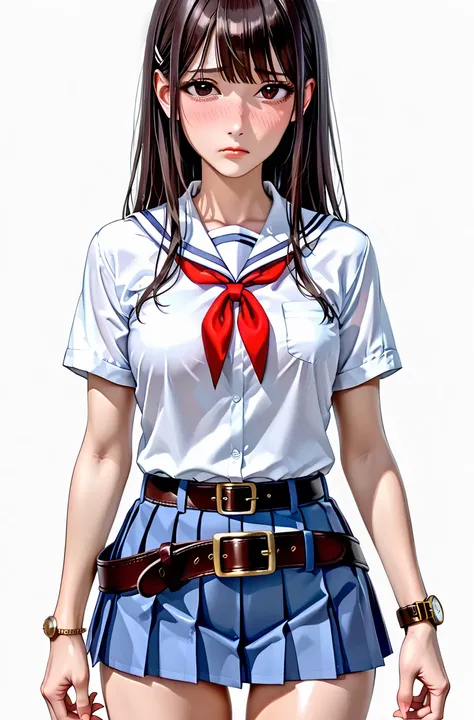 NSFW,(It's 1 ),(Emeralds:1.0),( slender body),( sad),real skin ,small breasts,  Gold, Super Detailed Black Eyes, lean in,(brown leather military uniform belt:1.3),(Watch on wrist:1.5),(White short sleeve_super mini high school uniform:1.5),( Forward-facing...