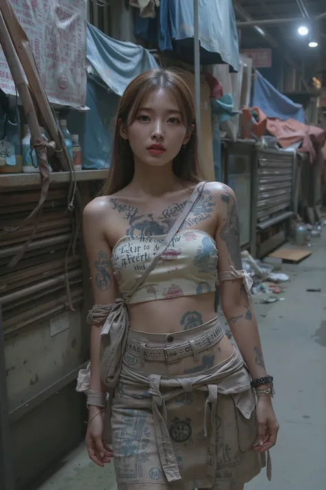 NSFW,
Film camera depiction,
Taken with a high-dispersion high-end lens,
Wide-angle lens,
Full-body shot,

at night,
A beautiful Korean girl is attracting customers at in the slums,
Her face has large burn scars,
((The burn scars have become ugly keloid sc...