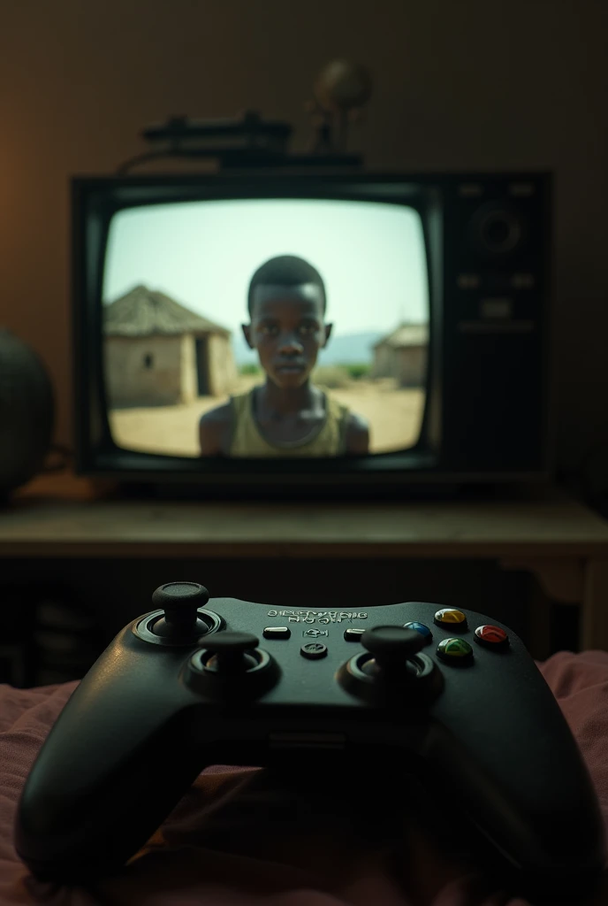 Un mando de videojuego flotando sobre un fondo oscuro and desértico. On the screen of an old television,  you see an African boy with a serious expression , parado en una aldea con casas de barro and sin recursos. On the controller , the buttons "start " a...