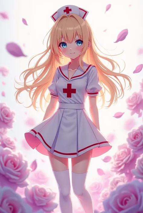 anime style Japanese beauty with long blond hair, wearing nurse-style clothes (white background with red edges, a red cross, short skirt in front and long in the back, white stockings, clothing material between transparent and opaque), blue eyes, using whi...