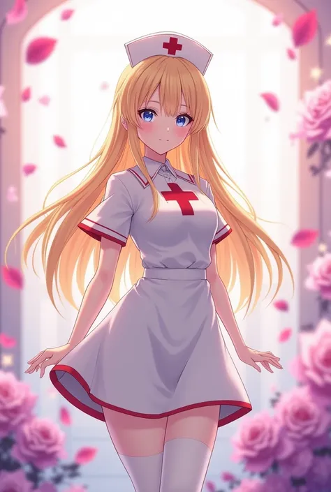 anime style Japanese beauty with long blond hair, wearing nurse-style clothes (white background with red edges, a red cross, short skirt in front and long in the back, white stockings, clothing material between transparent and opaque), blue eyes, using whi...