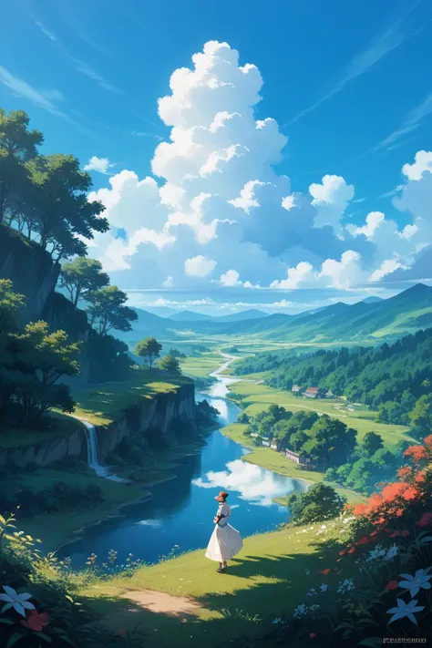 Ghibli style landscape and cat