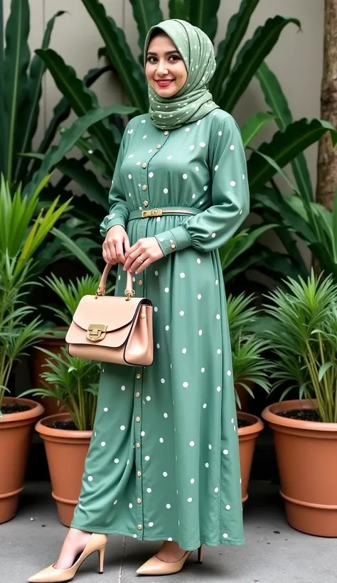 Please make me a picture showing a woman in GREEN big polkadot hijab in front of various potted plants.with decorations and carrying a matching handbag.wearing a Turkish color robe ((full body)). Smiling sweetly at the viewers, the person also wore pointed...