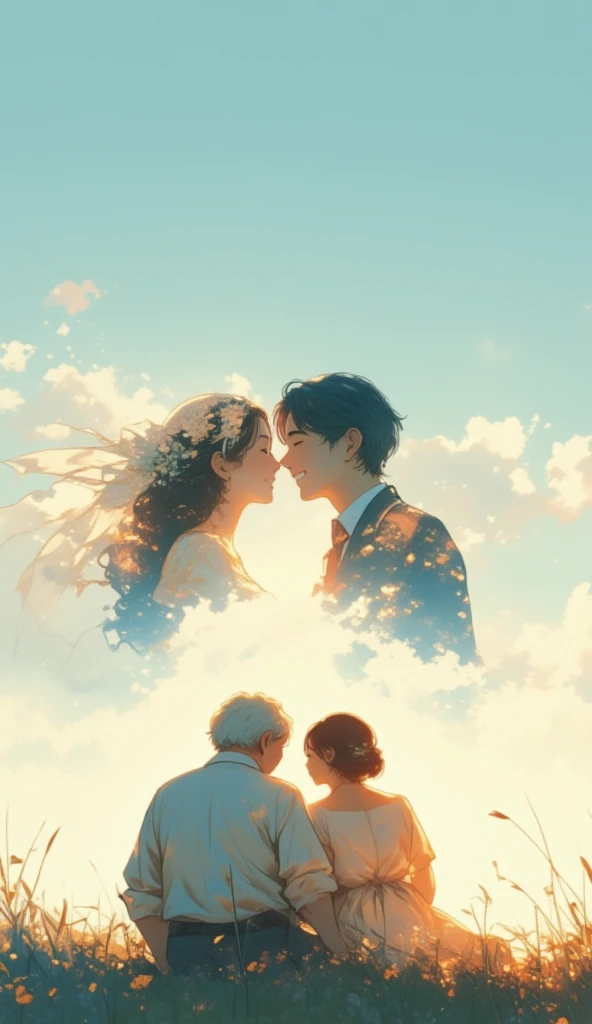 double expose. an old couple sitting under the sky, lying head on shoulder. in the sky, a close up young couple in wedding outfits smiling at each other