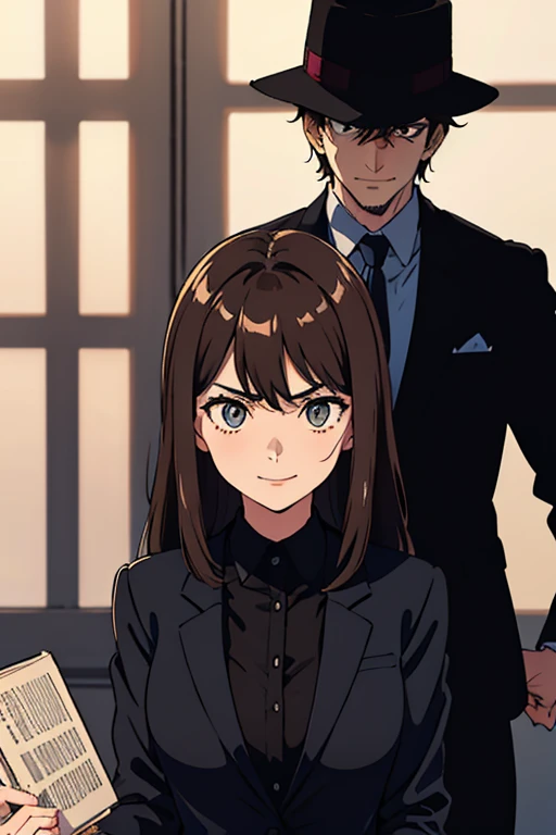 In front stands a young woman in a black suit, long brown hair, holding a case file, her eyes full of anger and defiance. Behind her stands a man in the shadows, his face half hidden but smiling wickedly.